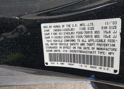 2004 Honda Cr-V Ex z USA, uszkodzony, nr VIN SHSRD77804U216477